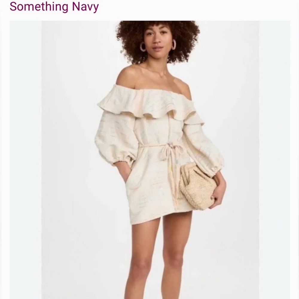 Something Navy Off-Shoulder Cream Ruffle-Smock romper